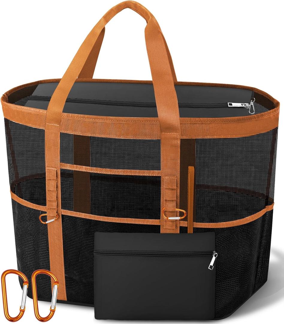 2026 Chic & Spacious XX-Large Beach Bag for Women  Mesh  Canvas Tote with Top Zipper, 11 Pockets, Detachable Pouch | 40L+ Spacious, 11 Tall Pockets, Zipper Pouch, Secure Zip-Top, Sand-Resistant Base (Black and Brown)