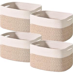 Storage Baskets for Shelves, Woven Storage Basket, Bins for Cube Storage, Cotton Rope Basket with Handles for Toy, Book, and Clothes Living Room, (4 Packs) Off White & Brown (12.5"(L)9.1"(W)7.9"(H))