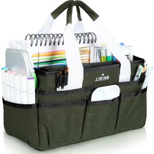 JJRING Craft Organizer Tote Bag, Art Storage Caddy with Multiple Pockets, Sap Green Sewing Bag for Art, Craft, Scrapbooking, Medical, and Office Supplies Storage