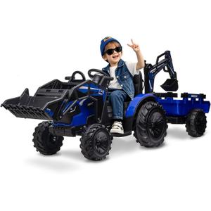 3 in 1 Ride on Tractor, 24V Ride on Toy for Big Kids, Excavator Bulldozer - Battery-Powered Electric Vehicle w/Trailer, Digger, Remote Control, LED Lights, Music, USB, Battery Powered, Blue