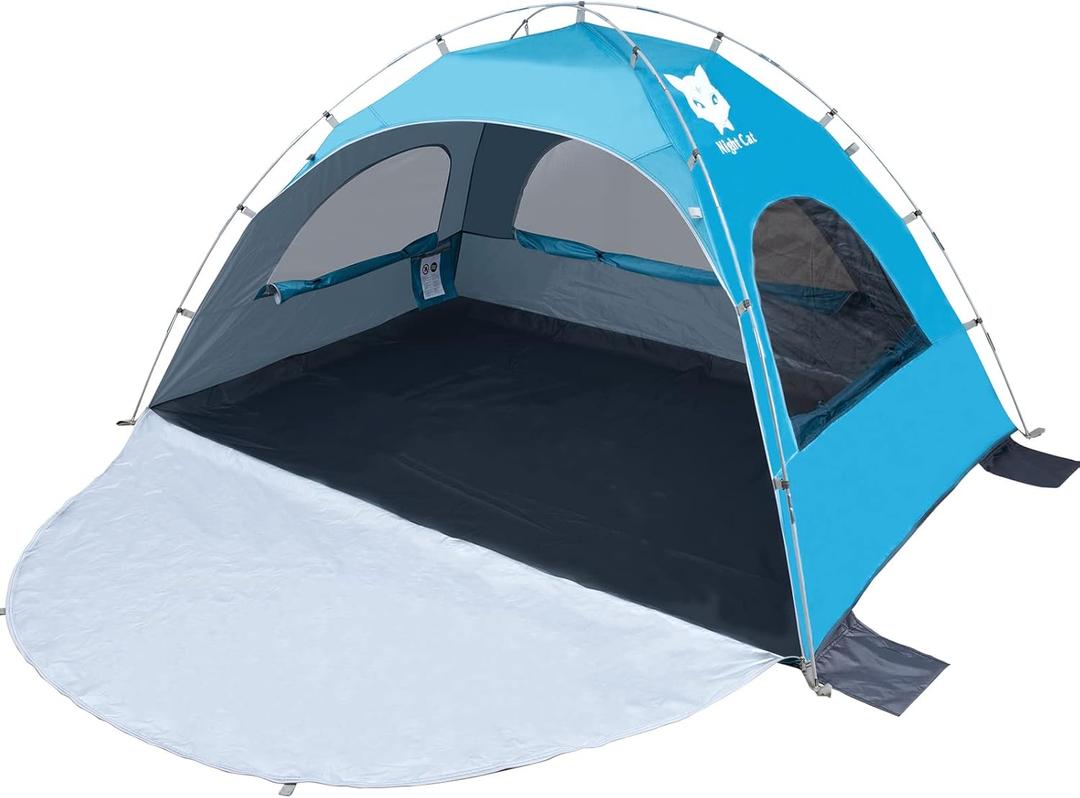 Night Cat Beach Tent Portable Camping Sun Shade Shelter for 2-4 Persons with UV Protection 3 Breathable Mesh Windows Extended Tent Floor Easy Set Up Outdoor (Blue)