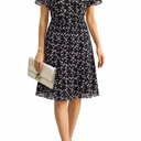 Womens Chiffon Summer Puff Petal Short Sleeve Dress V Neck Casual Work, Black Floral Small