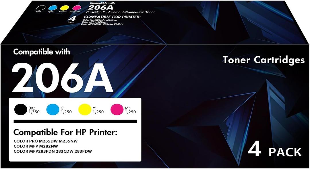 206A Toner Cartridges 4 Pack MFP M283fdw M283cdw Toner Compatible for HP 206A 206X W2110a W2110x M255dw Color LaserJet Pro MFP M283fdw M283cdw M255dw M283 M255 Printer Ink (Black Cyan Yellow Magenta)
