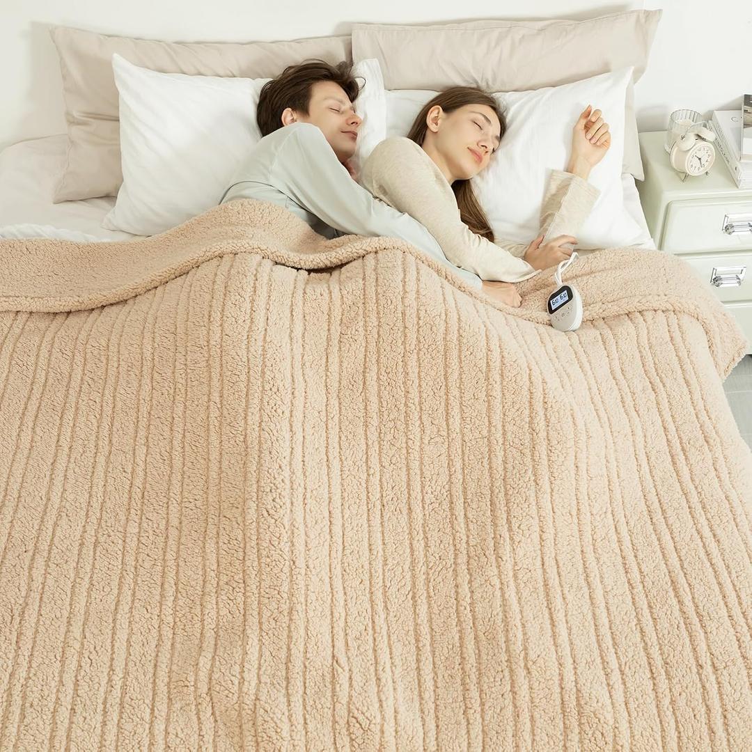Electric Blanket Queen Size Single Control - 84"X90" Soft Double Sided Sherpa Heated Blanket with 6 Fast Heating Levels & 10 hrs Timer Settings, Washable & ETL Certified for Bed, Beige