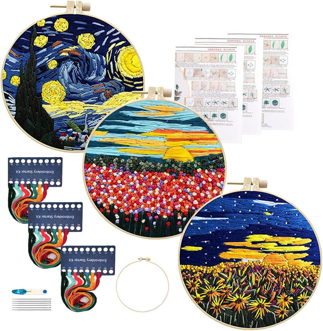 Maydear 3 Sets Embroidery kit for Beginners Adults,Embroidery Kit Punch Needle Kit Cross Stitch Kits with Embroidery Hoop and Instructions,Hand Embroidery Starter Kit
