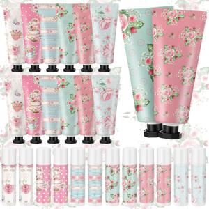 12 Sets Tea Party Favors Mini Hand Cream Lip Balm Bulk Gift Set for Women Wedding Party Favors for Guests Travel Size Hand Lotion Vintage Floral Moisturizing Lip Balm Gifts for Baby Shower