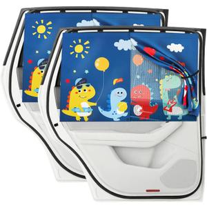 Car Window Shade for Baby, 2 Pack Magnetic Double Layer Cute Dinosaurs Car Sun Shade Side Window, Adjustable Privacy Blackout/See-Through Window Curtains for Baby Kids UV Protection (Blue Rear)