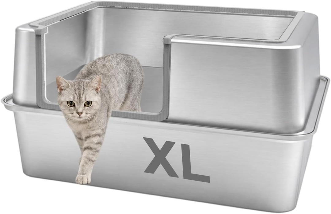 High Sided,XL Stainless Steel Cat Litter Box with Metal Lid,10.24 inch Tall