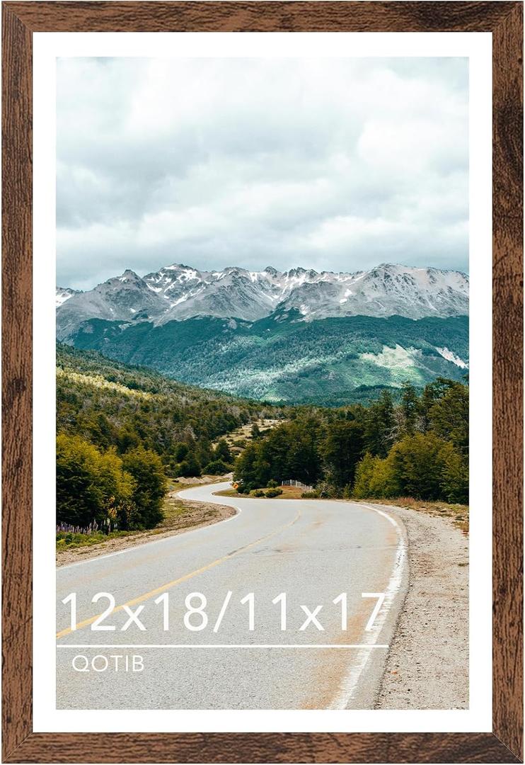 Wood 12x18 Picture Frame with 11x17 Mat, Display 11x17 with Mat or 12x18 Without Mat, Wood 12 by 18 Photo Frame, 12 x 18 Frame for Wall Hanging Display, Deep Brown