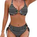 Blooming Jelly Womens Sexy Bikini Set Mid Rise Striped Crinkle Side Tie Two Piece Swimsuit High Cut Cheeky Bathing Suit (Large, Black)