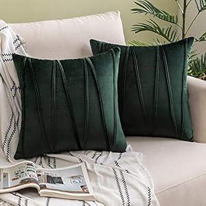 Woaboy Pack of 2 Christmas Striped Velvet Throw Pillow Covers Modern Decorative Solid Cushion Covers Pillowcases Square Soft Cozy for Bed Sofa Couch Car Living Room 16x16inch 40x40cm Dark Green