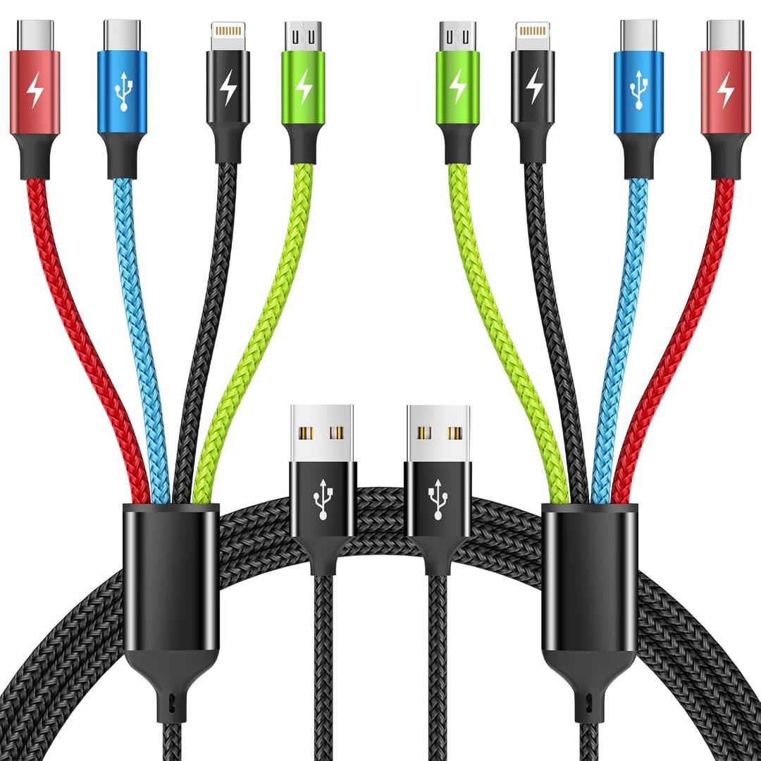 Cruise Essentials 2026 4 in 1 Multi Charging Cable [2Pack 5FT], Tangle Free USB C Car Charger Cable Nylon Braided with 2 USB-C/IP/Micro, Travel Charging Cords for iPhone Android iPad and More
