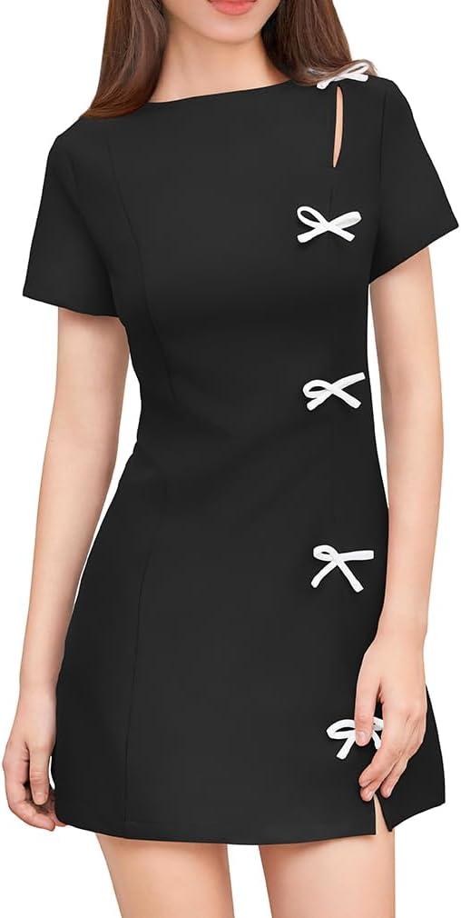 XXTAXN Women's Summer Boat Neck Short Sleeve Elegant Y2k A Line Mini Dress (Black, S)