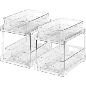 2 Pack Clear Bathroom Organizers and Storage, 2 Tier Pull Out Under Sink Cabinet Organizer Plastic Drawer Organization and Storage for Bathroom and Kitchen