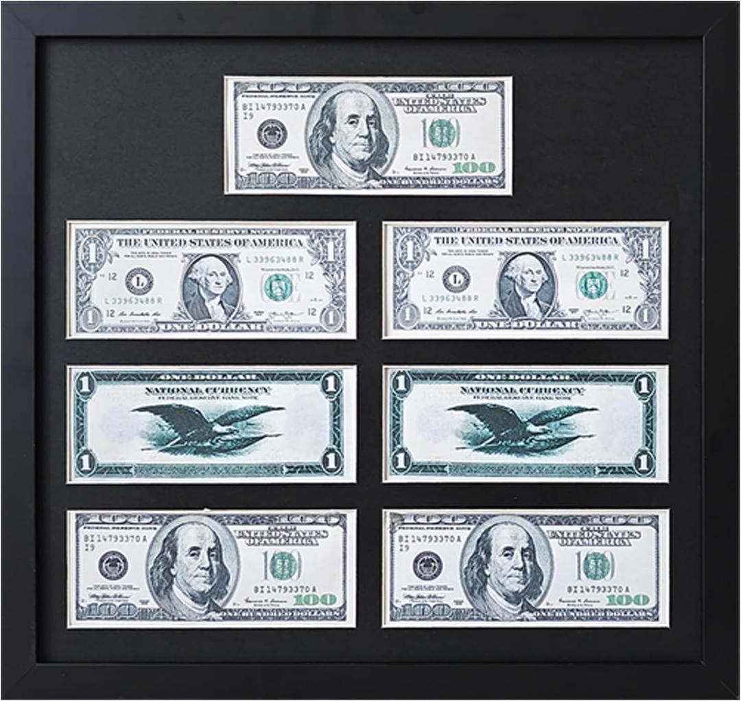 Multi-Dollar Picture Frame,7 Meiyuan Dollar Bill Holder,14X15 Bill Display Case, Currency Display Frame,Easel Stand and Wall Hanger IncludedChristmas and Valentine's Day Gifts.