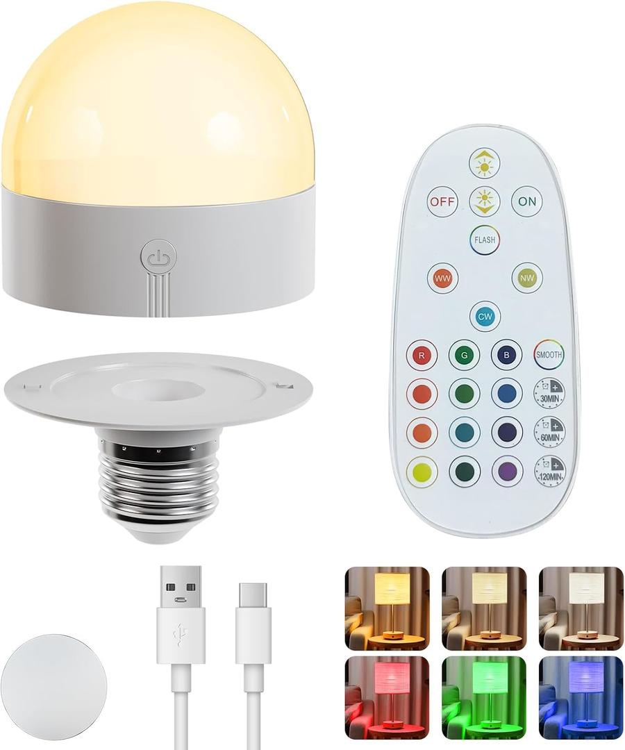  E26 Rechargeable Light Bulb with Remote and Timer,Battery Operated Light Bulb for Sconces and Lamps,E26 Detachable Charging for Non-Hardwired Fixture, 3 Color Temperatures + 12 RGB Colors,2P
