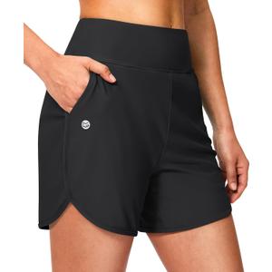 G Gradual Women's 5" Swim Board Shorts High Waisted Quick Dry Swimming Bathing Suit Bottoms for Women with Liner Pockets (Black), L