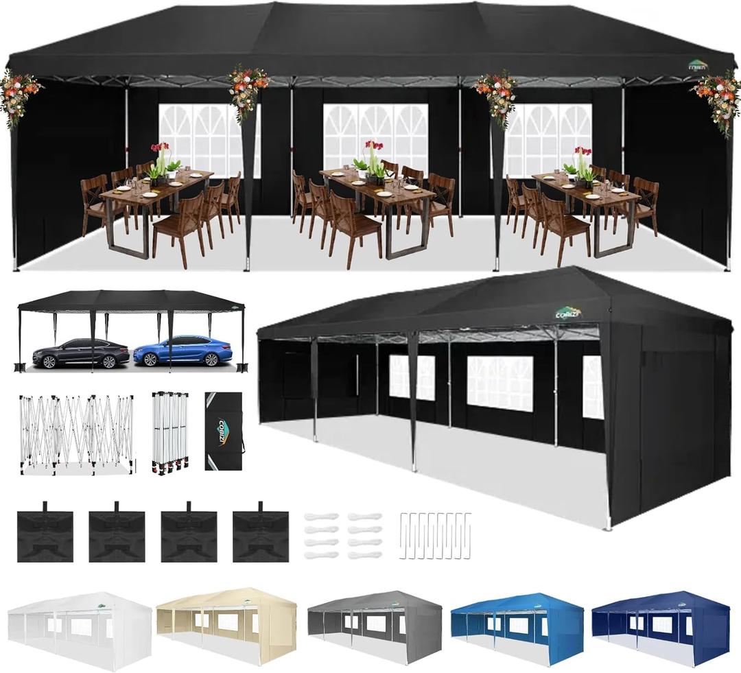 COBIZI 10x30 Canopy Party Tent with 5 Walls 10x30 Pop Up Tent for Parties Waterproof UPF 50+ Outdoor Commercial Event Tent for Party Backyard Gazebo Canopy with Sidewalls & Sandbags(10x30ft)