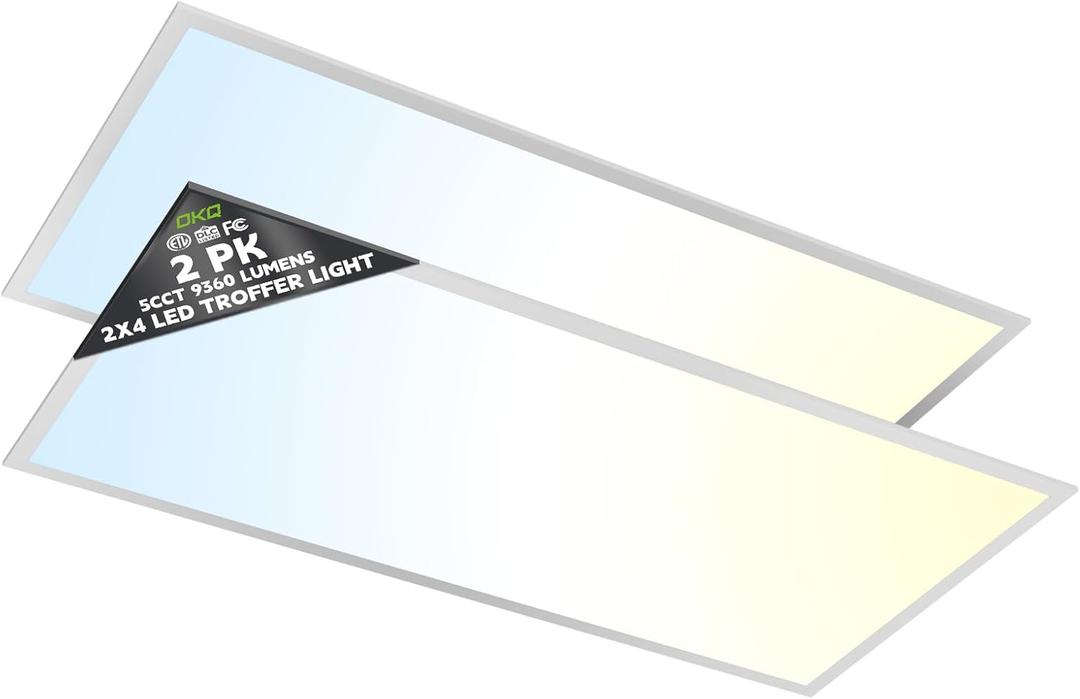 OKQ 2x4 LED Flat Panel Light Drop Ceiling Office Fixture, 5 CCT 3000K-6500K Adjustable & 5 Wattage Selectable,0-10V Dimmable, 2X4 LED Flush Mount Ceiling Light, ETL Listed 2Pack
