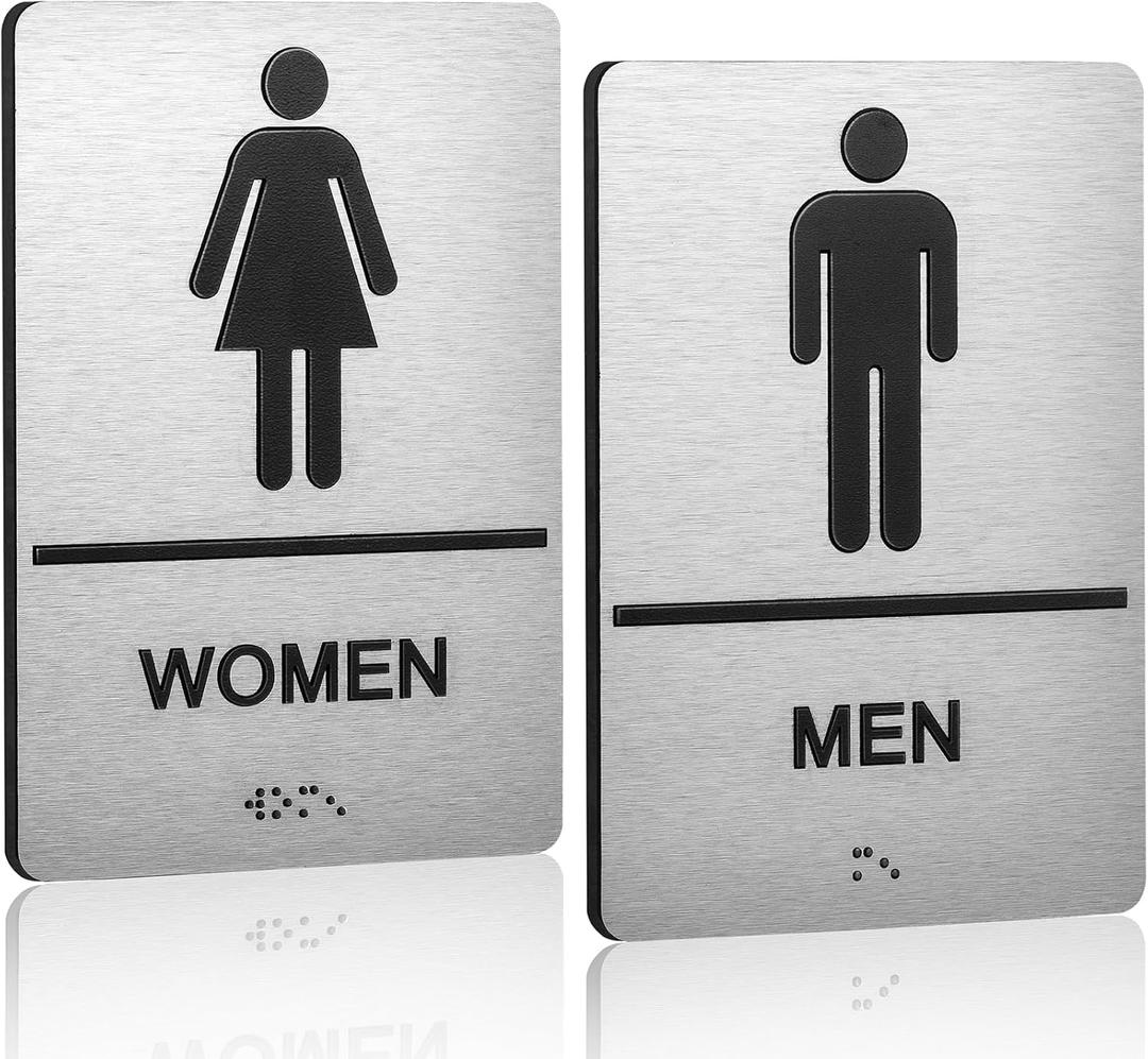 Bathroom Signs, Men's & Women's Restroom Signs for Business, Brushed Aluminum ADA Raised Braille Restroom & Bathroom Door Sign with Strong Self-Adhesive, Silver Size 9'' X 6 '' 2 Pieces Set