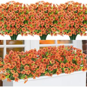 Bassion Fall Artificial Flowers for Outdoors, 16 Bundles Silk Fake Mums Autumn UV Resistant Faux Plants for Planter Outside Window Box Porch Patio Garden Home Fall Decorations (Orange)