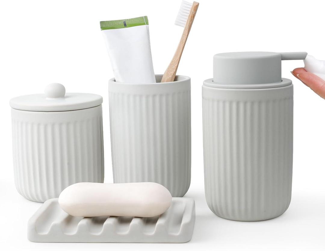 BosilunLife Light Grey Bathroom Accessories Set - Ceramic Bathroom Counter Soap Set Bathroom Decor Sets Accessories Bathroom Foam Soap Dispenser and Toothbrush Holder Set, Soap Dish, Apothecary Jars