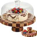 Metflavor Cake Stand with Dome Lid - 12in Wooden Cake Stand with Shatterproof Acrylic Dome, 2-in-1 Dessert Display & Charcuterie Board, Checkered Platter for Serving Cupcakes, Cheese and Fruits