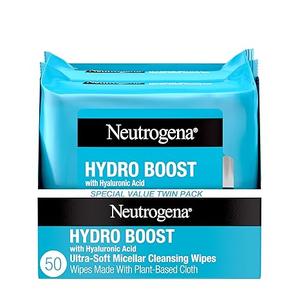 Neutrogena Hydro Boost UltraSoft Micellar Cleansing Wipes with Hyaluronic Acid, Hydrating Makeup Remover Wipes Remove Dirt & Waterproof Makeup, Hypoallergenic, PlantBased Cloth, 2 x 25 ct