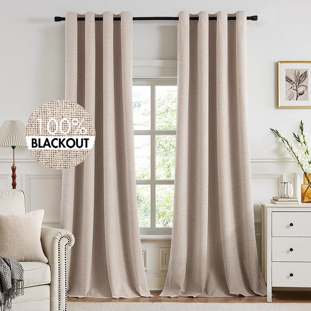 MIULEE 100% Blackout Linen Textured Curtains for Bedroom 102 Inches Extra Long Thermal Insulated Natural Beige Grommet Room Darkening Curtains & Drapes Luxury for Living Room Nursery (2 Panels)