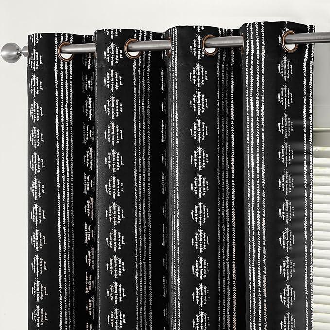 jinchan 95% Blackout Boho Curtains 96 Inch Length for Bedroom Black on Beige Geometric Printed Grommet Top Room Darkening Thermal Insulated Window Drapes 2 Panels