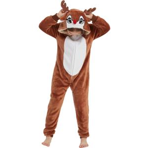 SWEETXIN Unise Kids Jumpsuit Cosplay Onesie One Piece Suit for Girls Boys Halloween Character Costume Dress Up Party (12 Years, Brown Reindeer)