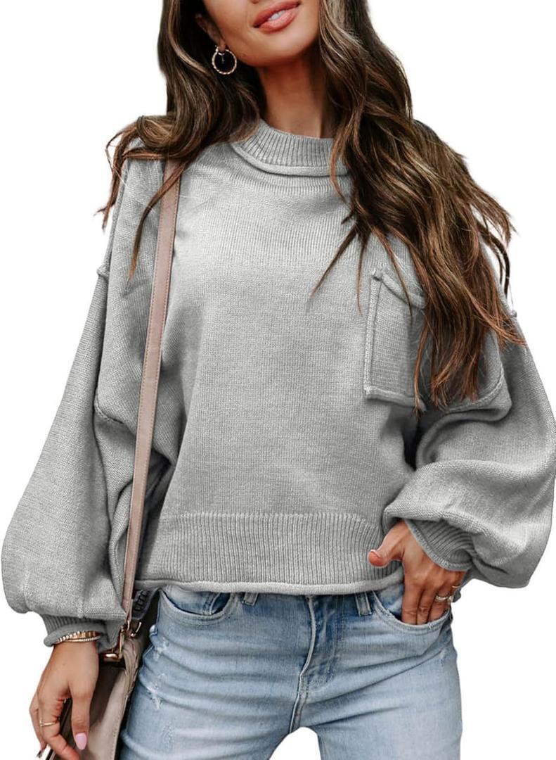 EVALESS Women's 2024 Lantern Long Sleeve Crewneck Sweater Casual Solid Color Ribbed Hem Knitwear Pullover Cropped Tops (Smal, Gray)