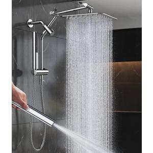 Veken All Metal 10" Shower Head with Handheld, Luxurious Square Double Rain Shower Heads,Power Wash Wand,Dual High Pressure Detachable Rainfall Showerhead with Spray Combo,Extension Arm,Chrome,Sliver