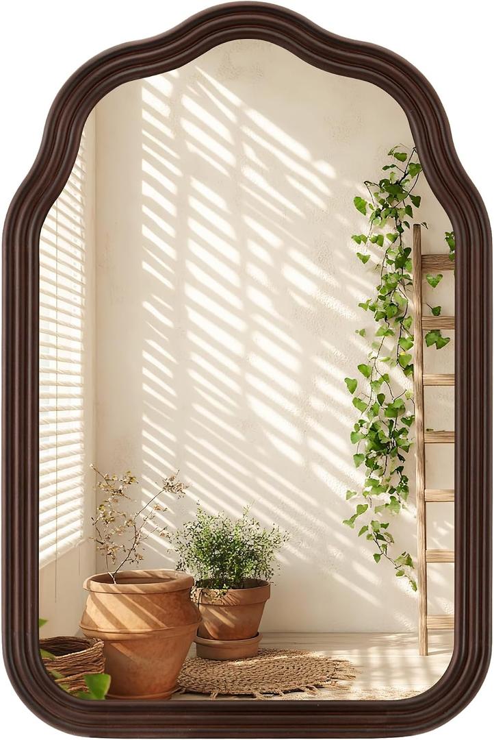 24x36 Inch Wood Arch Rustic Bathroom Mirror for Wall
Black Walnut Solid Wood Frame , Tempered Glass, Wavy Wall Decor, 2 Pre-Installed D-Ring Hooks for Entryway