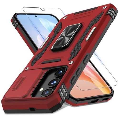 DEERLAMN Case for Samsung Galaxy S24 6.2-Inch with Slide Camera Cover+Screen Protector(1 Pack), Rotated Ring Kickstand Military Grade Shockproof Protective Cover-Red
