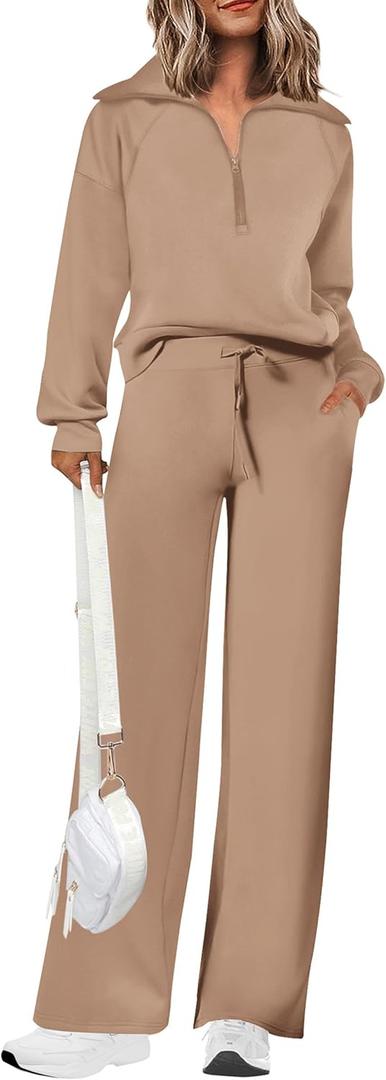 PRETTYGARDEN Women's 2 Piece Outfits Casual Lapel Half Zip Sweatshirts and Wide Leg Pants Tracksuit Sets (Medium, Khaki)