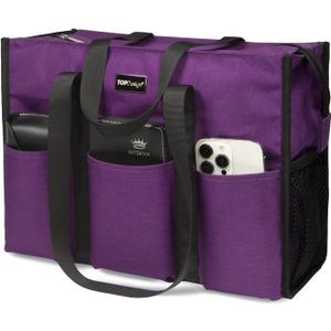 TOPDesign Utility Water Resistant Tote Bag with 13 Pockets, Top Zipper Closure & Thick Bottom Support, for Working Women (Large, Purple)
