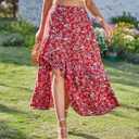 BTFBM Women 2025 Summer Fall Boho Long Skirts Dress Floral Print Elastic Waist Split Ruffle High Low Beach Maxi Skirt (Red, S)