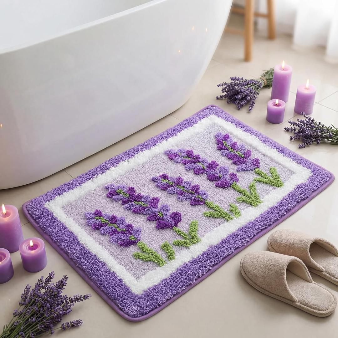 Boao Lavender Purple Bath Mat Floral Tufted Bathroom Rug Lilac Spring Flowers Non Slip Soft Absorbent Lavender Bathroom Decor Accessories for Bedroom Kitchen Floor Tub Shower Sink, 24 x 16 Inches