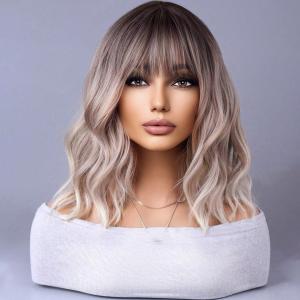 Ash Blonde Wigs for Women Girls Short Bob Wig Short Curly Wavy Ash Blonde Wig With Bangs Heat Resistant Synthetic Wigs for Cosplay Costume Party