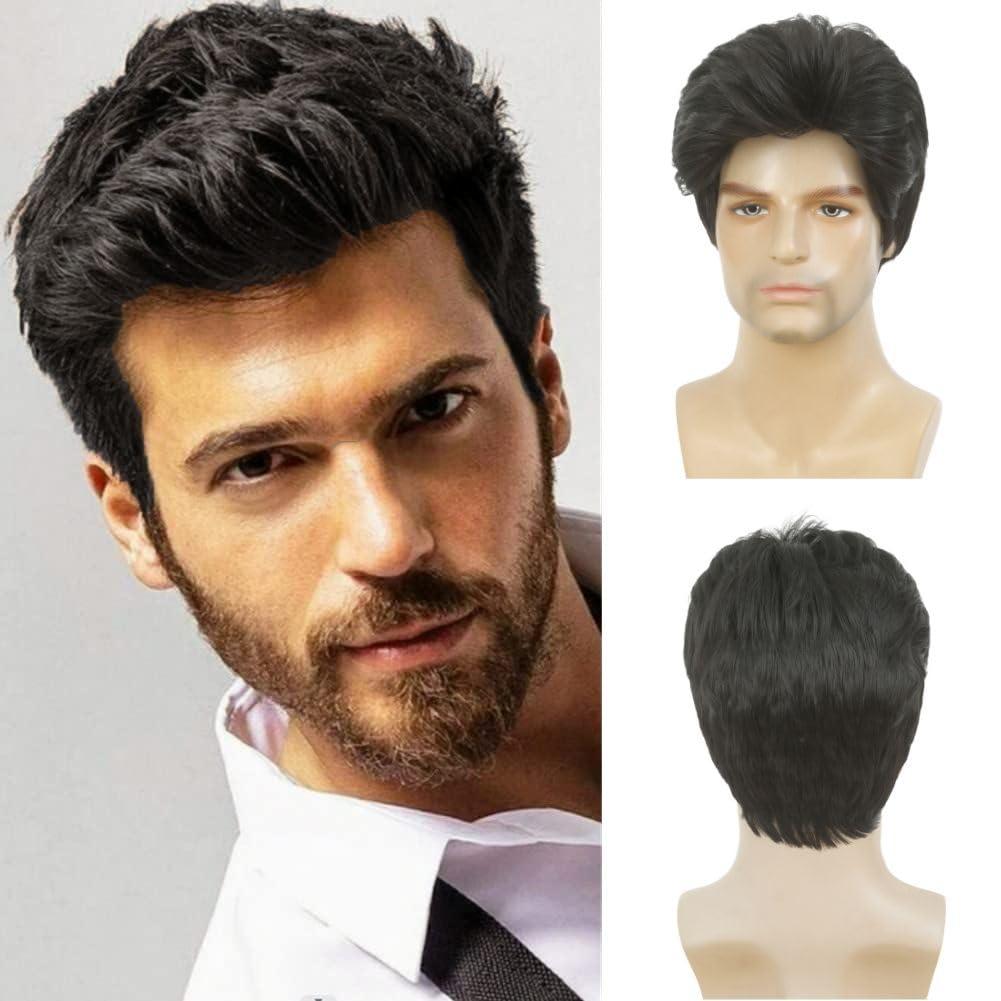 Short Black Wig for Men Layered Fluffy Hair Natural Looking Male Guy Halloween Cosplay Party Costume Hair Synthetic Fiber Wigs