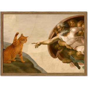 Funny Creation of Adam and Cat Wall Art, Whimsical Cat and God Wall Decor Painting Quirky Michelangelo and Animal Poster Canvas Print for Bedroom Living Room 12x16 inch Wood Framed
