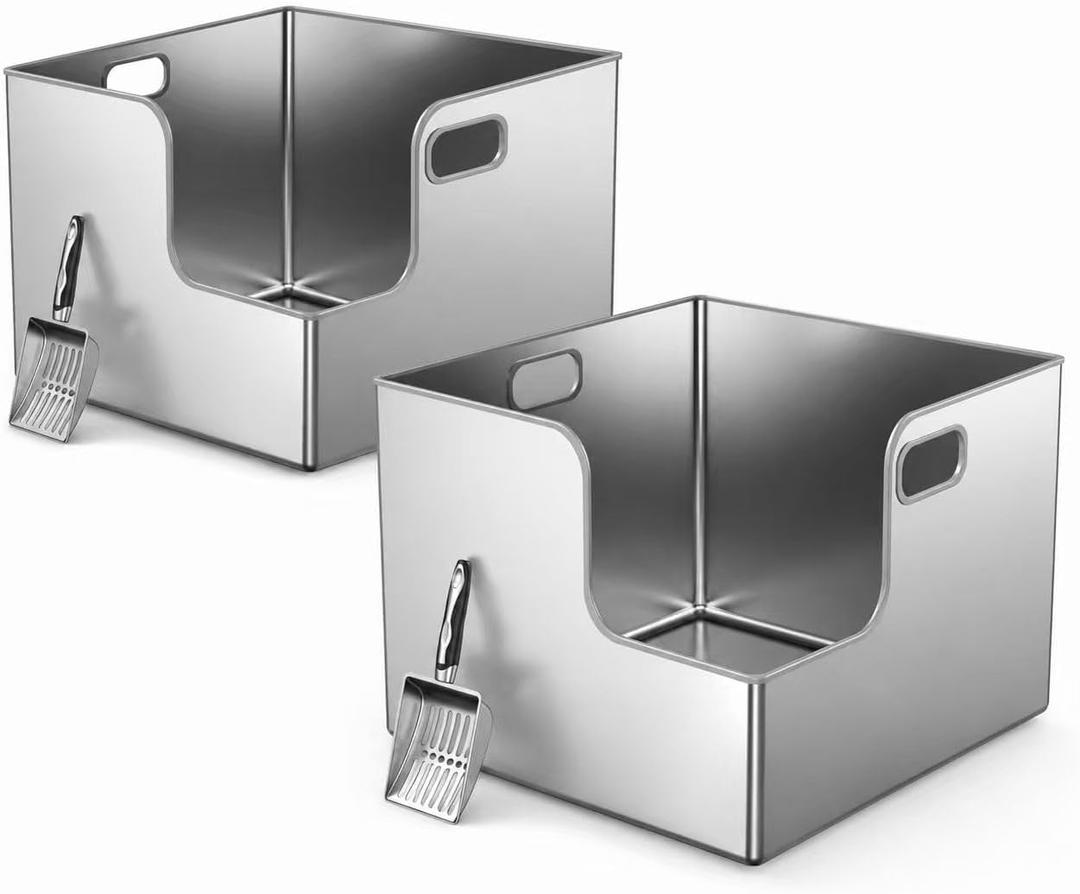 2 Pack XXXL Square Stainless Steel Litter Box with High Sides,XXL Metal Corner Cat Litter Box with Tall Walls for Big&Multiple Cats Maine Coon,One-Piece High Sided,Extra Large,Anti-Leakage,Non Stick