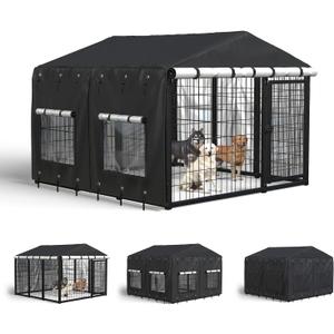 Outdoor Dog Kennel Cover for 10'Dx10'Wx7'H with Grids and Transparent Window, 600D Full Coverage & Silver-Coated Interior Waterproof Dog Crate Cover for Large Dog Cage Outdoor (Cover Only)