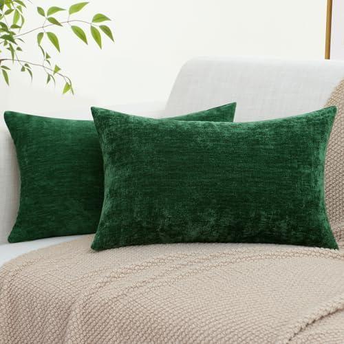 decorUhome Chenille Green Throw Pillow Covers 12x20 Inch Set of 2, Decorative Soft Couch Pillow Covers Solid Dyed Accent Farmhouse Neutral Rectangle Pillow Cases for Sofa Bed Living Room (Green)