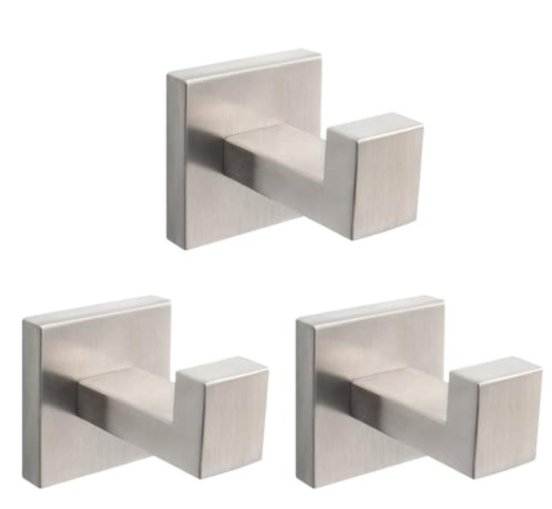 NearMoon Bath Towel Hooks -SUS304 Stainless Steel Square Clothes Robe Hooks Hanger, Heavy Duty Coat Hooks for Bathroom Livingroom Hotel Kitchen Garage, Wall Mounted - 3 Pack (Brushed Nickel)