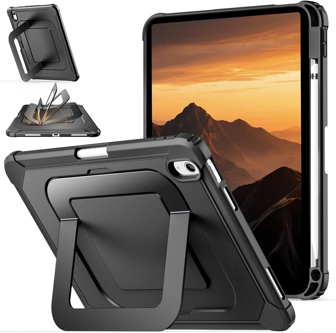 ZoneFoker for iPad A16 Case, iPad 11th/10th Generation 2025/2022 (11 inch/10.9 inch) with [Multi-Angle Metal Stand] / Pencil Holder, Slim Lightweight Hard Cover for i Pad 11/10 th (Black)