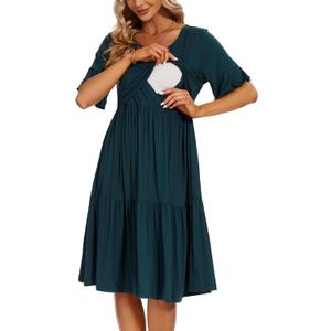 Smallshow Women's Maternity Nursing Dress Ruffle Short Sleeve Breastfeeding Clothes, Medium