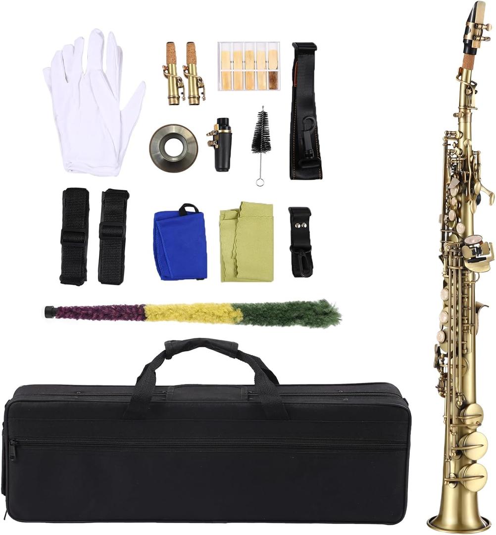Btuty Straight Bb Soprano Saxophone Nickel Plated Sax straight saxophone Professional Brass Woodwind Instrument Carve Pattern with Carrying Case Mouthpiece Reed Cleaning