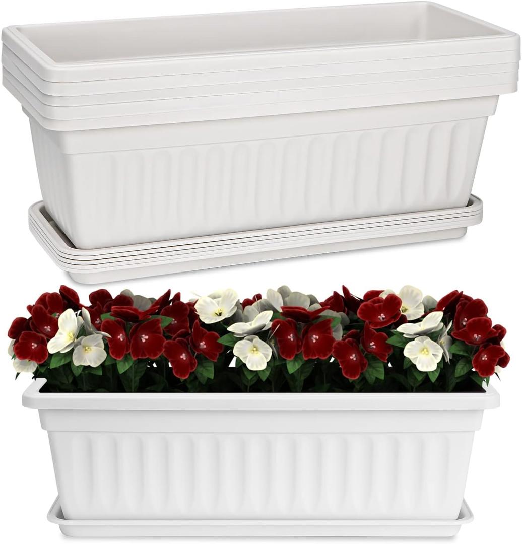 HOXHA Window Box Planter, Plastic Vegetable Flower Planter Boxes with Tray, Rectangular Indoor and Outdoor Flower Pots for Windowsill, Patio, Porch, Garden Balcony (White 6 Pack)